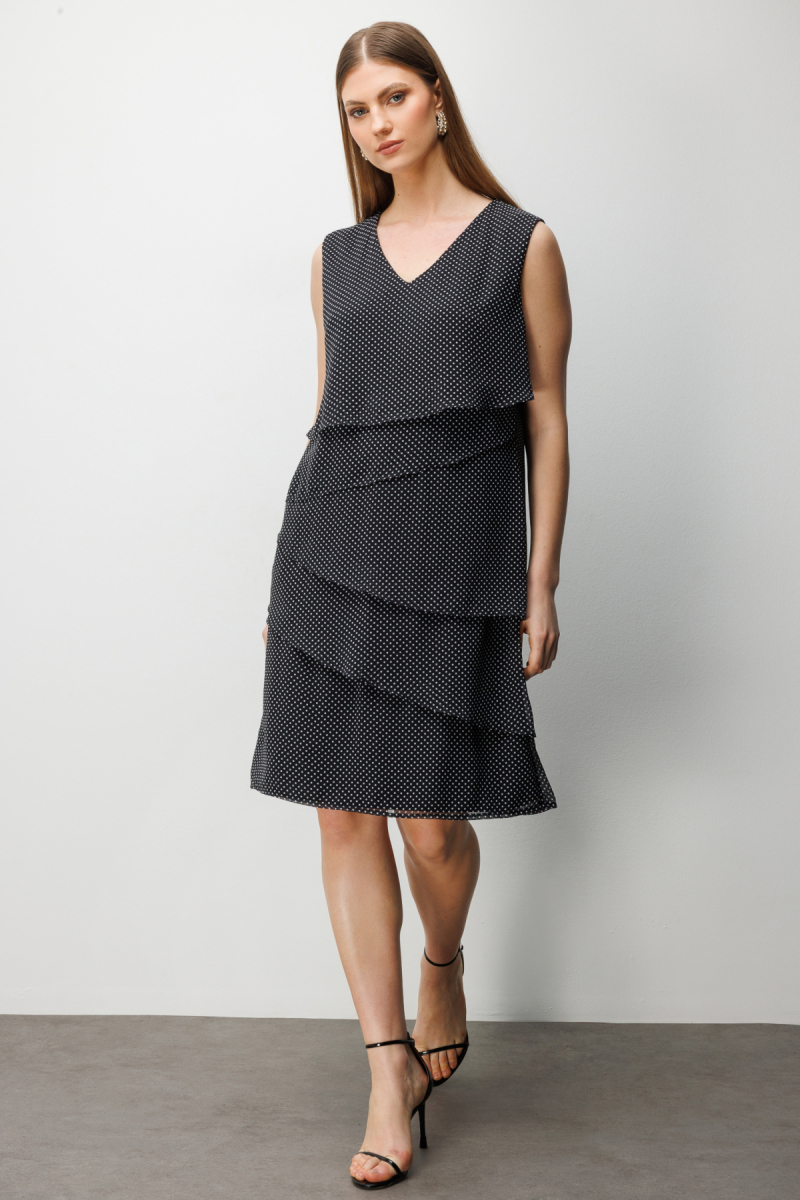 Ekol Kadın Büyük Beden V Yaka Puantiyeli Elbise 6508 Siyah Siyah