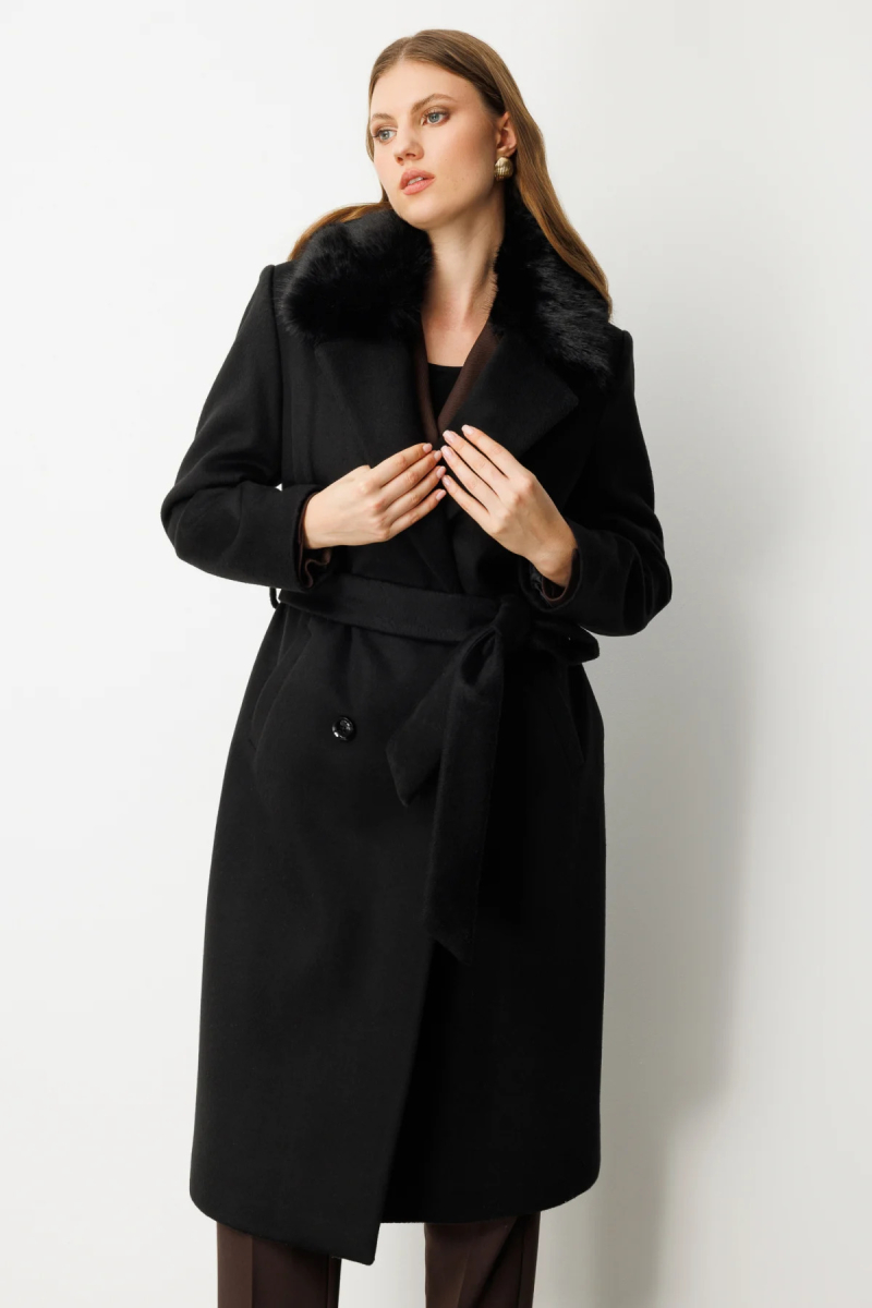 Ekol Kadın Büyük Beden Yakası Kürklü Beli Kuşaklı Kaban 6311 Siyah Siyah