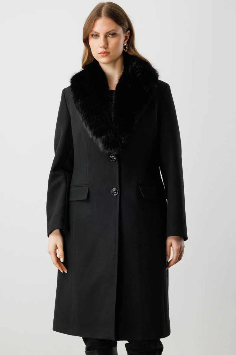 Ekol Kadın Büyük Beden Yakası Kürklü Kaşe Kaban 6313 Siyah Siyah