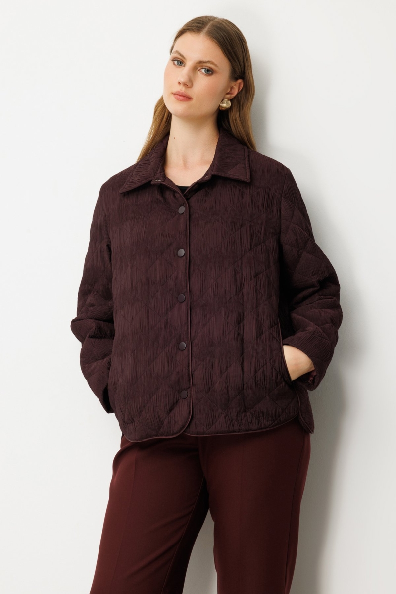 Ekol Kadın Büyük Beden Yan Cepli Çıt Çıtlı Mont 6801 Bordo Bordo