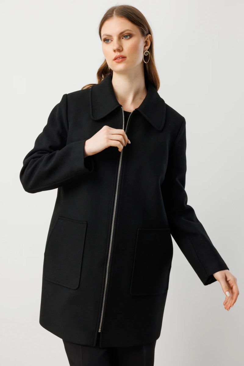 Ekol Kadın Büyük Beden Yandan Cepli Kaşe Kaban 6307 Siyah Siyah