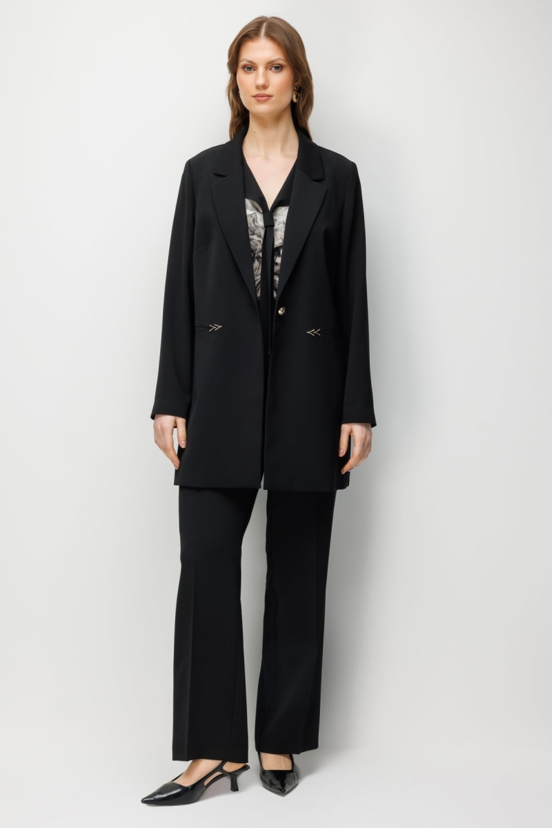 Ekol Kadın Büyük Beden Yüksek Bel Bol Paça Pantolon 1516 Siyah Siyah