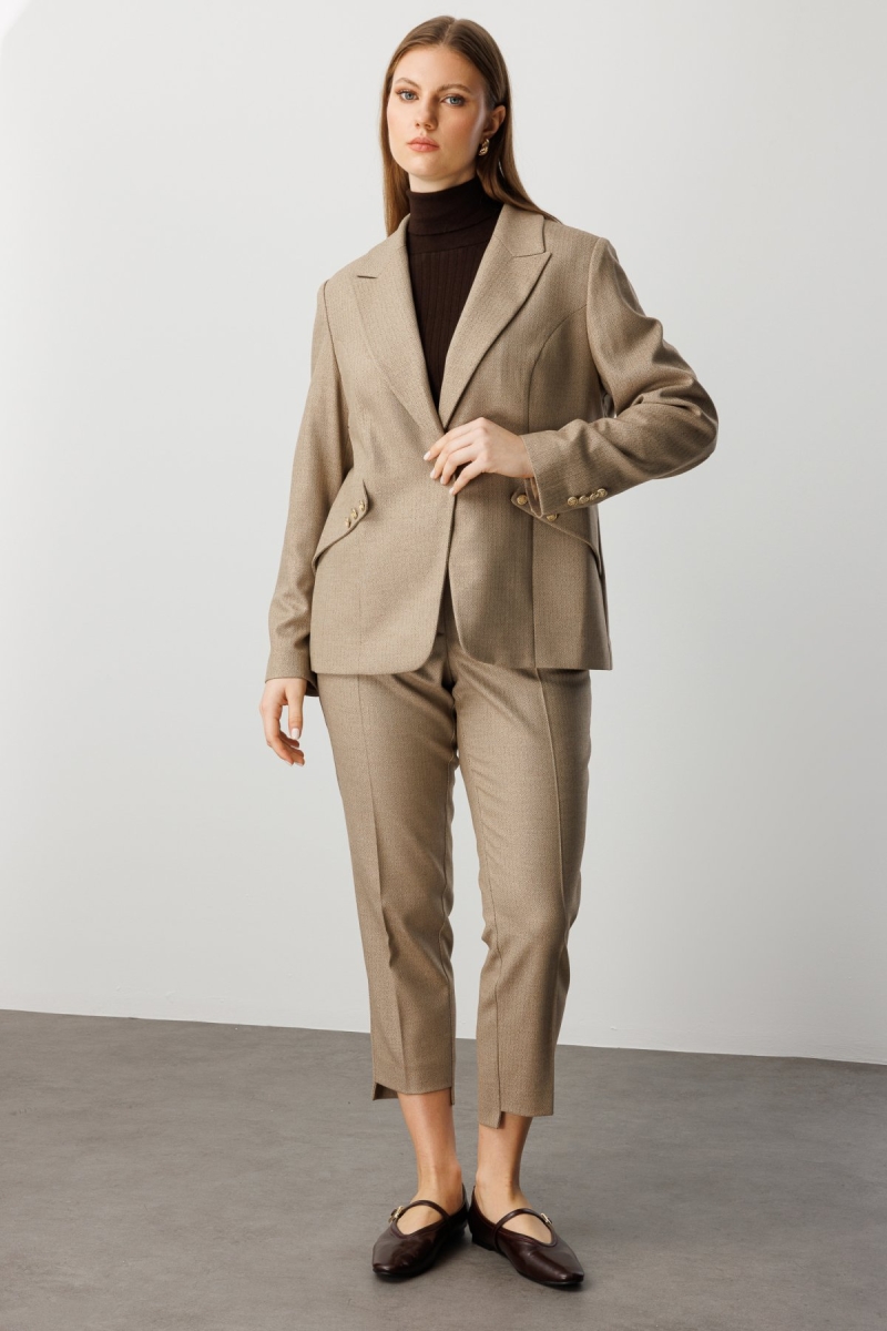 Ekol Kadın Büyük Beden Zikzak Desenli Dar Paça Pantolon 5535 Camel Camel