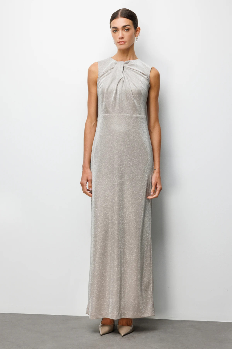 Ekol Kadın Büzgü Detaylı Sırt Dekolteli Simli Abiye Elbise 6094 Bej Bej