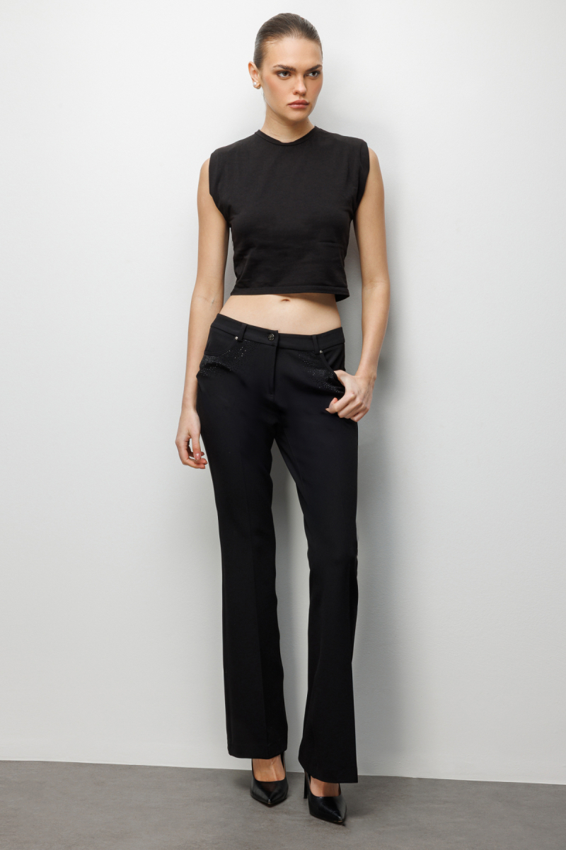 Ekol Kadın Cepleri Taş İşlemeli İspanyol Paça Pantolon 4024 Siyah Siyah