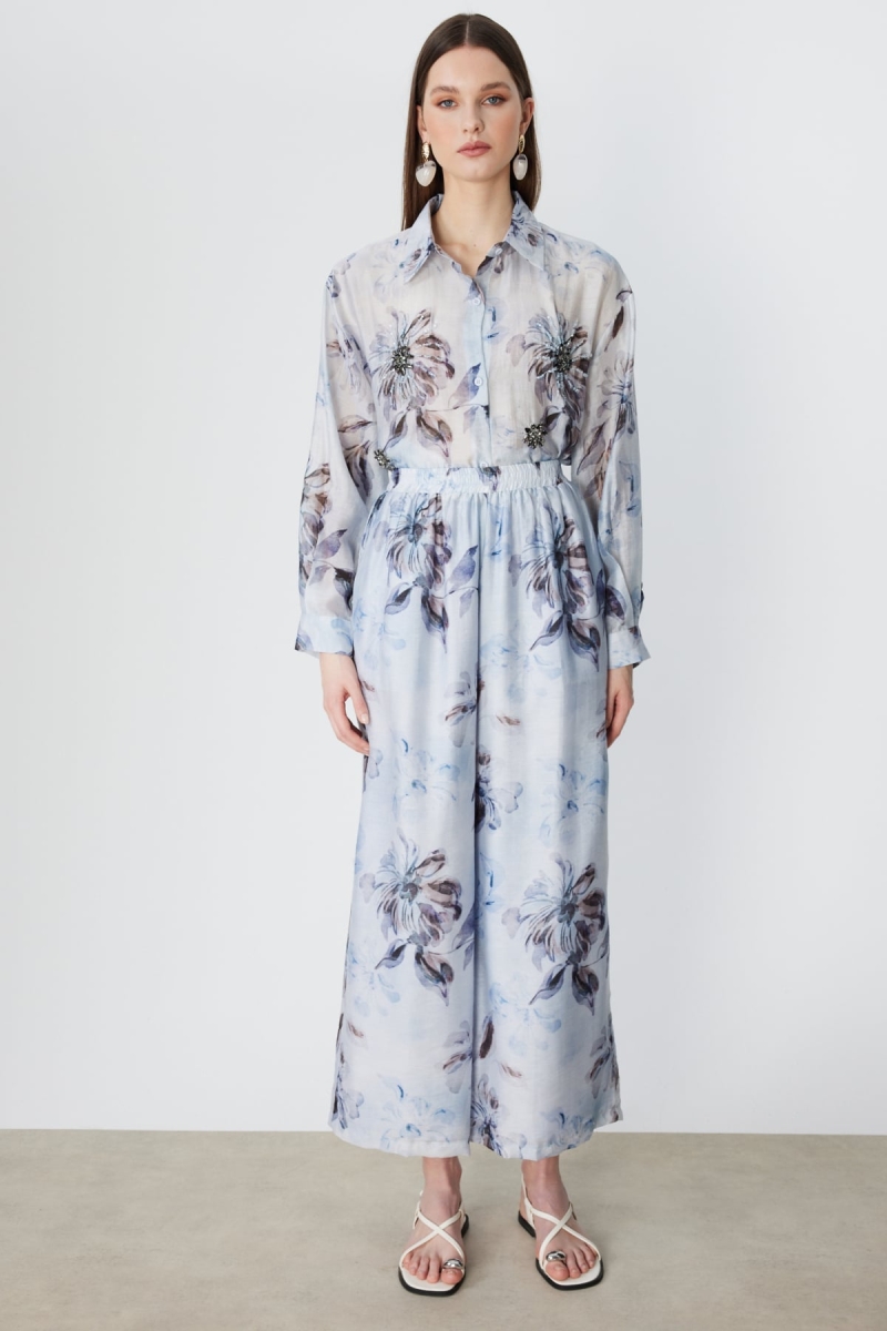 Ekol Kadın Çiçek Desenli Bol Paça Pantolon 2908 Blue BLUE