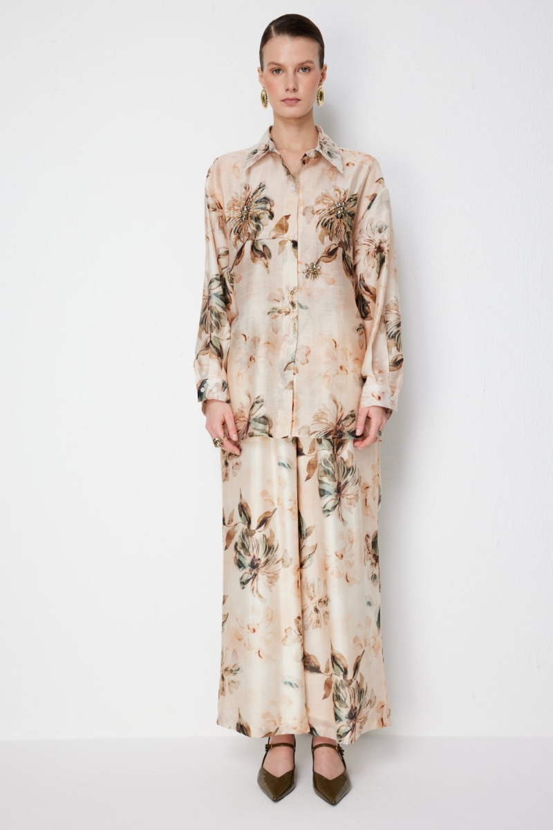 Ekol Kadın Çiçek Desenli Bol Paça Pantolon 2908 Naturel NATUREL