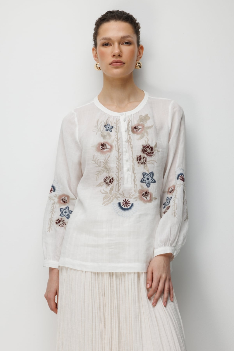 Ekol Kadın Çiçek İşlemeli Keten Bluz 2848 Ekru Ekru