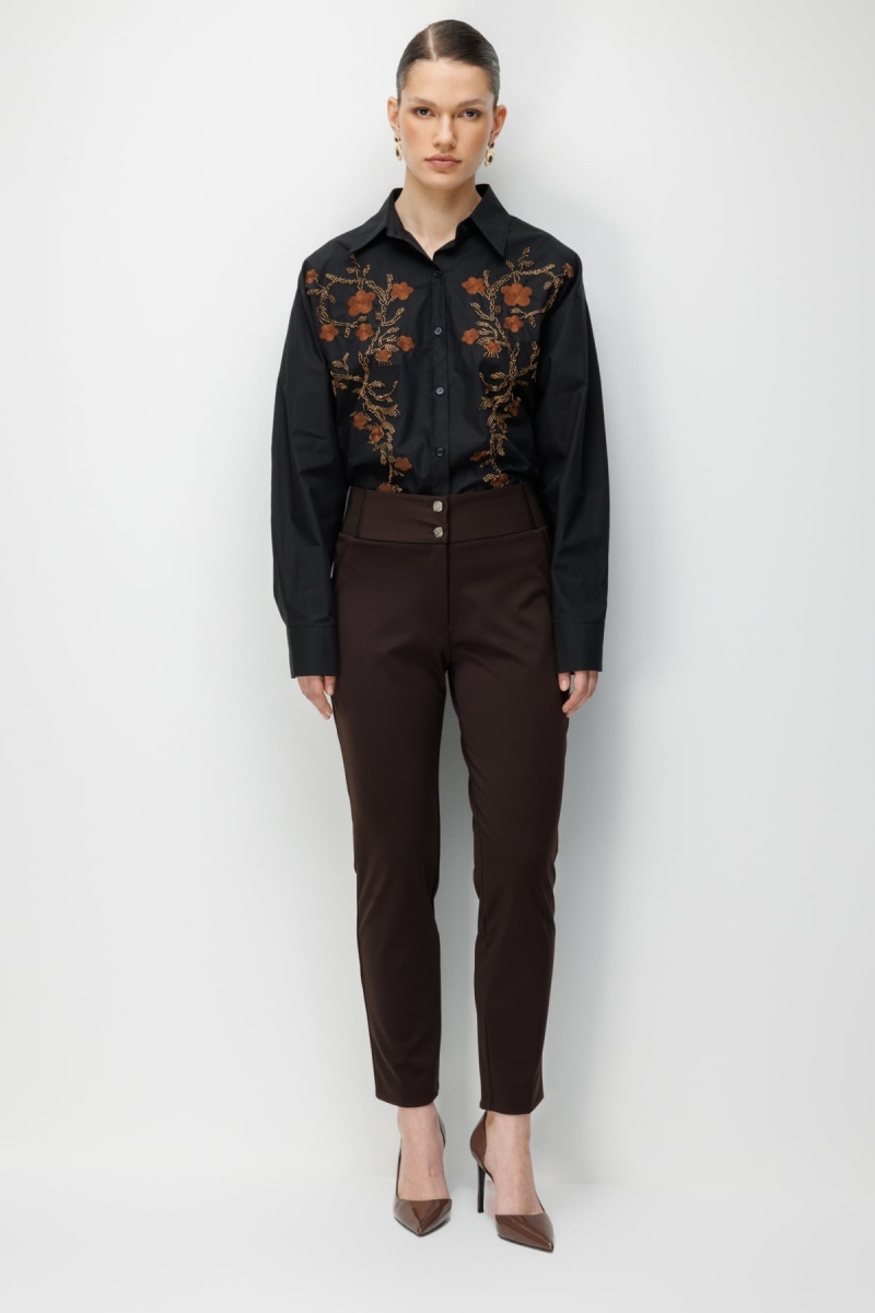 Ekol Kadın Çift Düğmeli Dar Paça Pantolon 4170 Kahverengi Kahverengi