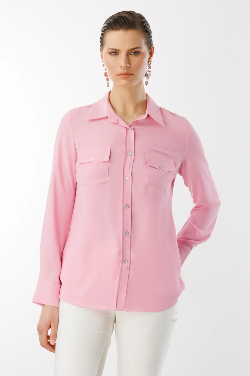 Ekol Kadın Çift Kapak Cepli Düğmeli Bluz 3026 Pembe Pembe