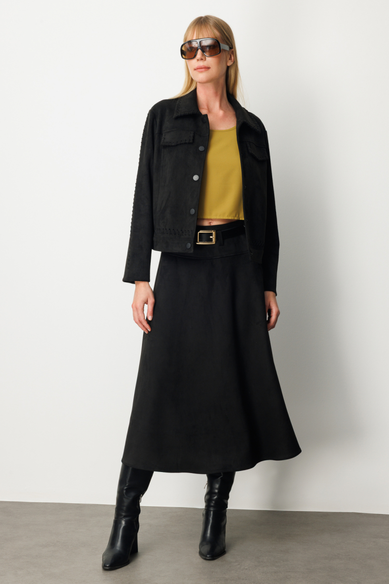 Ekol Kadın Çıtçıtlı Süet Mont 8015 Siyah Siyah