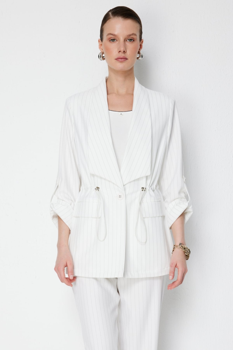 Ekol Kadın Çizgi Desenli Kapak Cepli Ceket 1088 Ekru Ekru