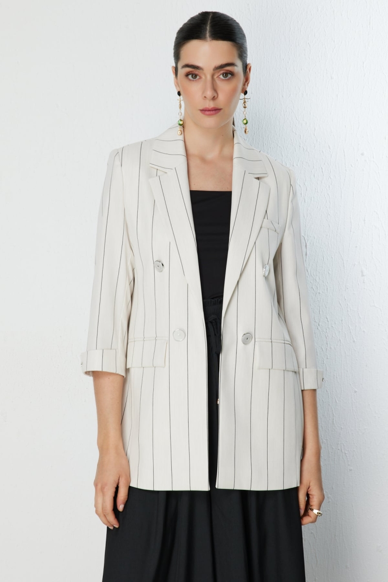 Ekol Kadın Çizgi Desenli Kapak Cepli Ceket 1098 Naturel NATUREL