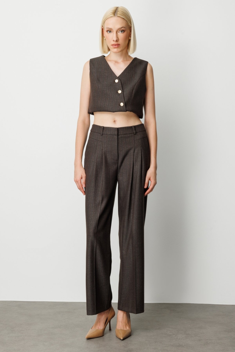 Ekol Kadın Çizgi Desenli Wide Leg Pantolon 5111 Kahverengi Kahverengi