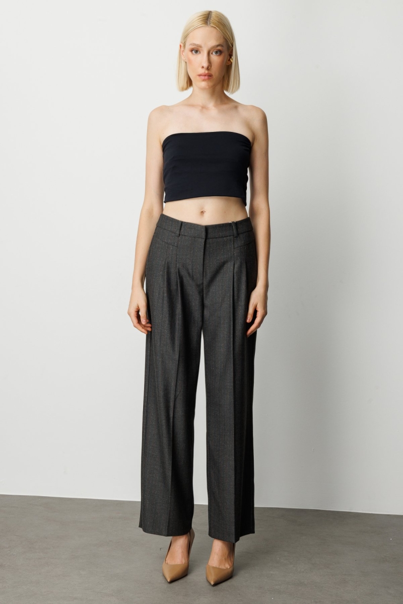 Ekol Kadın Çizgi Desenli Wide Leg Pantolon 5111 Siyah Siyah