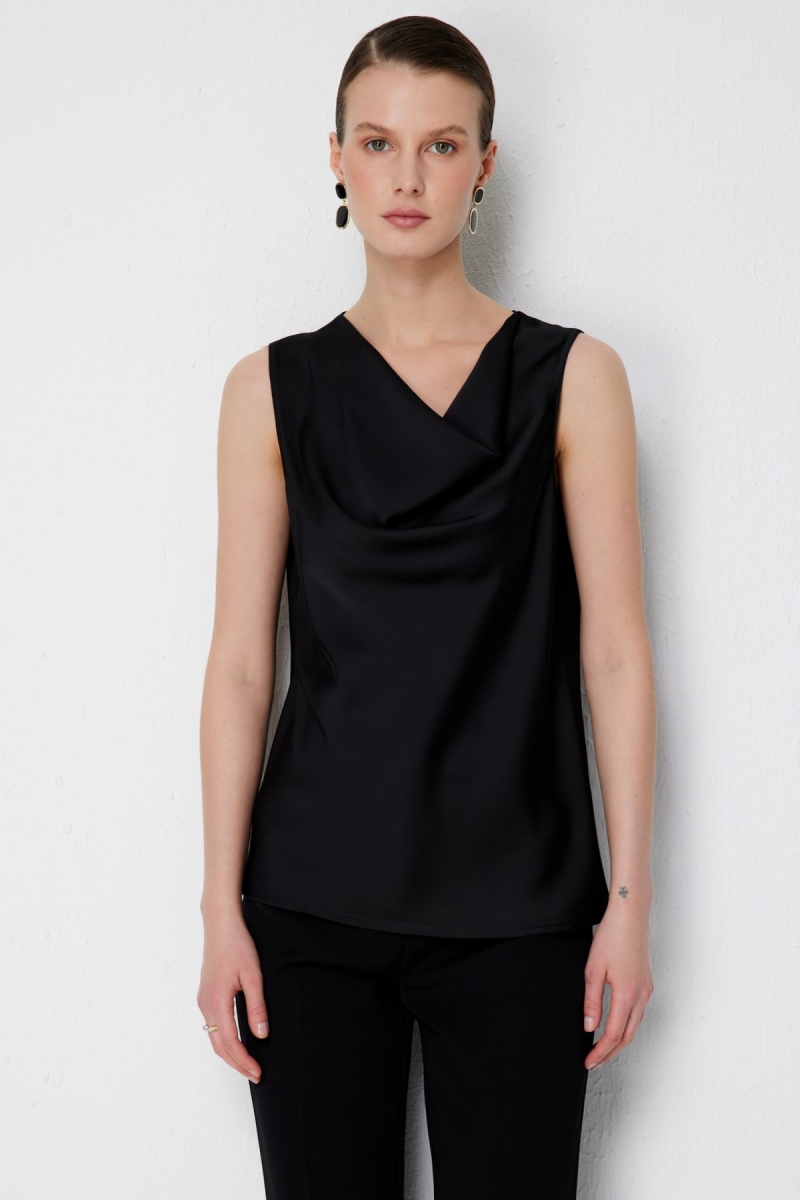 Ekol Kadın Degaje Yaka Kolsuz Bluz 2014 Siyah Siyah