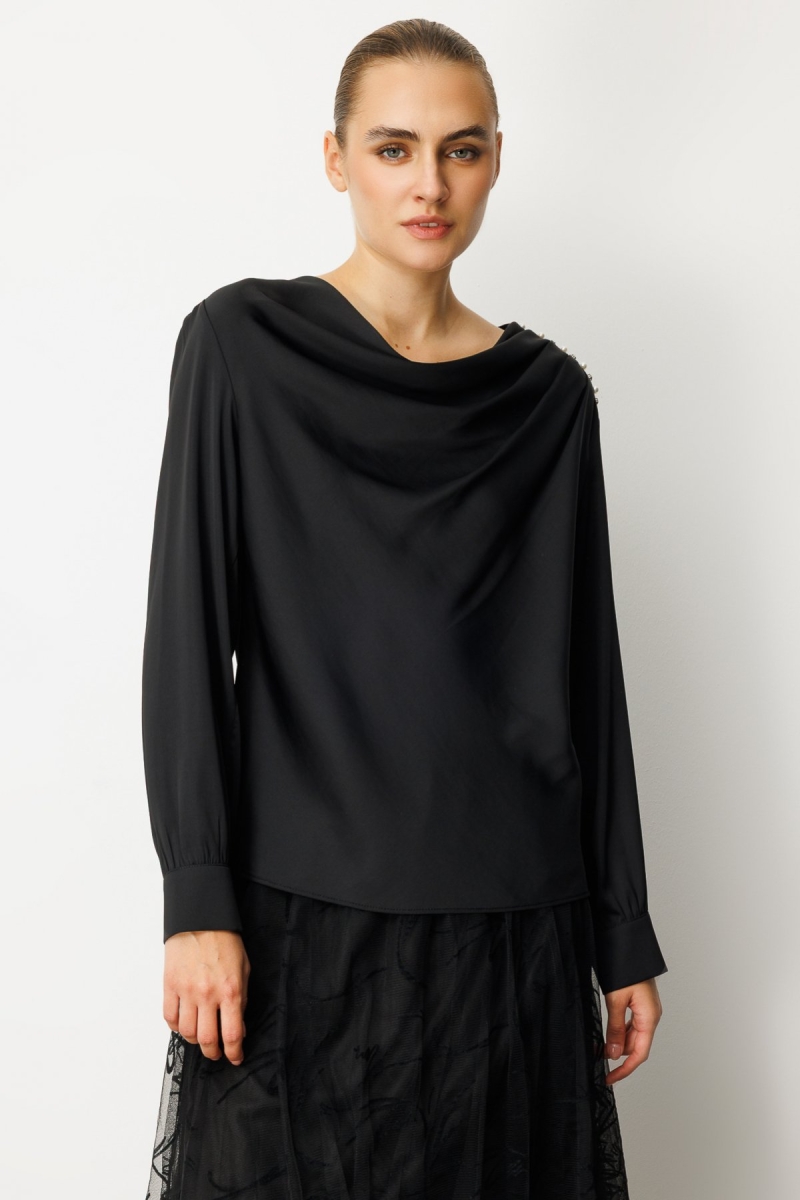 Ekol Kadın Degaje Yaka Saten Bluz 3019 Siyah Siyah