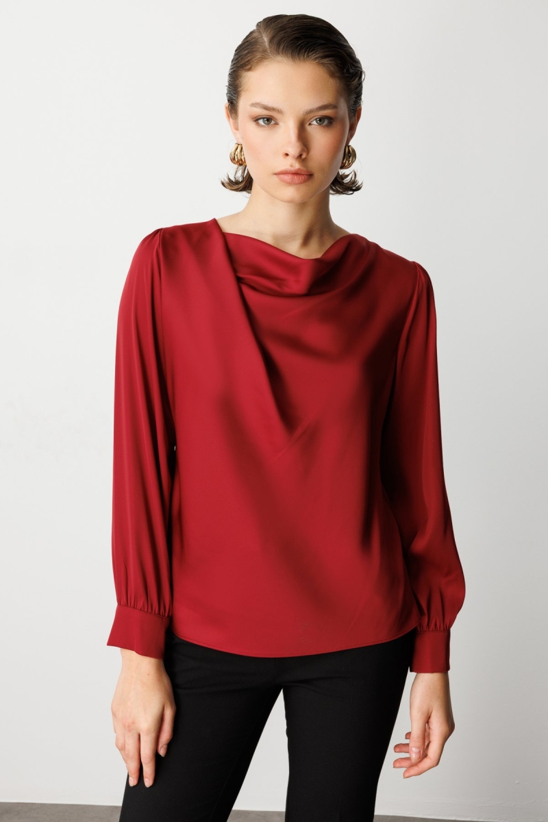 Ekol Kadın Degaje Yaka Uzun Kollu Bluz 3029 Bordo Bordo