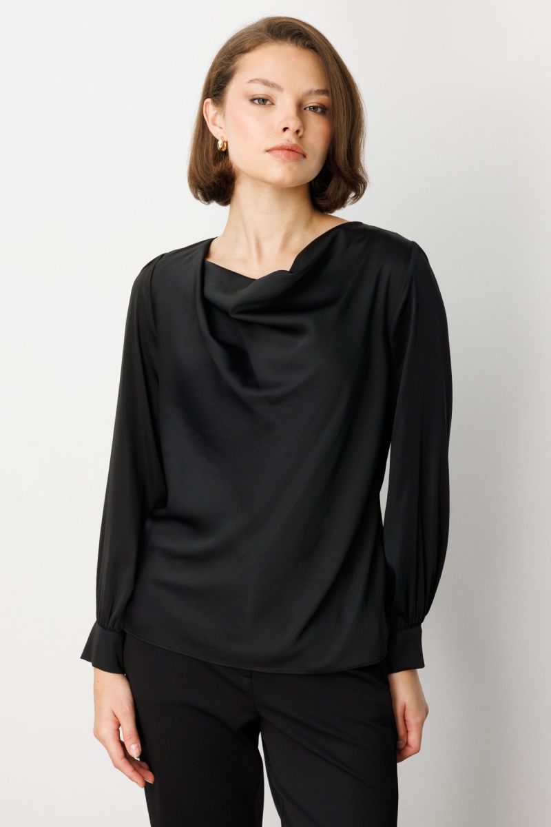 Ekol Kadın Degaje Yaka Uzun Kollu Bluz 3029 Siyah Siyah