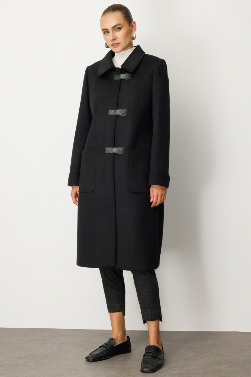 Ekol Kadın Deri Çıtçıtlı Torba Cepli Kaban 6075 Siyah Siyah