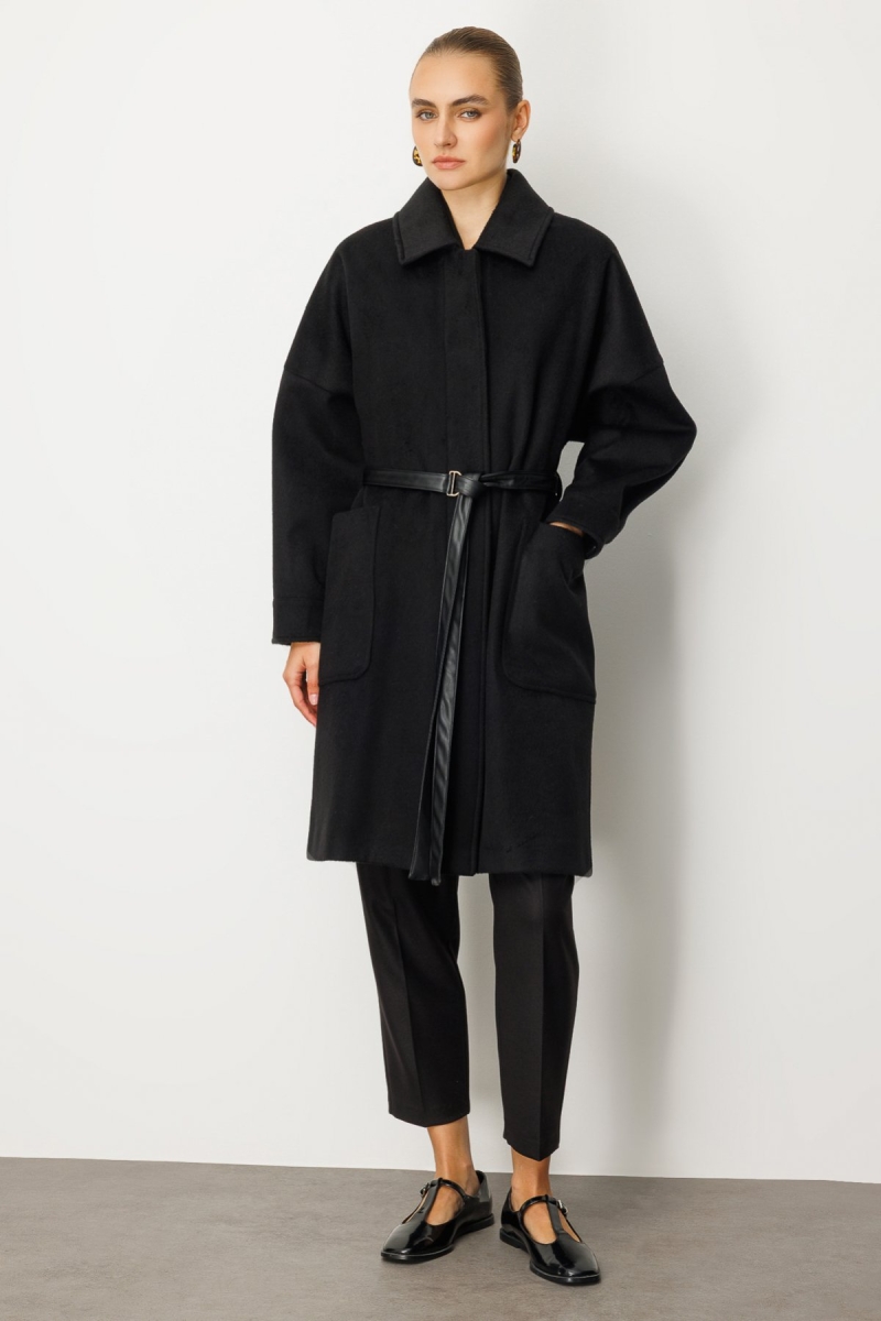 Ekol Kadın Deri Kemerli Torba Cepli Kaban 6045 Siyah Siyah