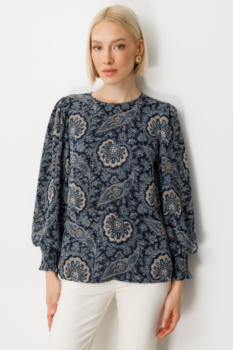 Ekol Kadın Desenli Balon Kol Bluz 3017 Lacivert Lacivert