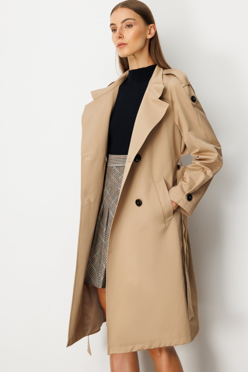 Ekol Kadın Dik Yaka Beli Kuşaklı Trençkot 7003 Camel Camel