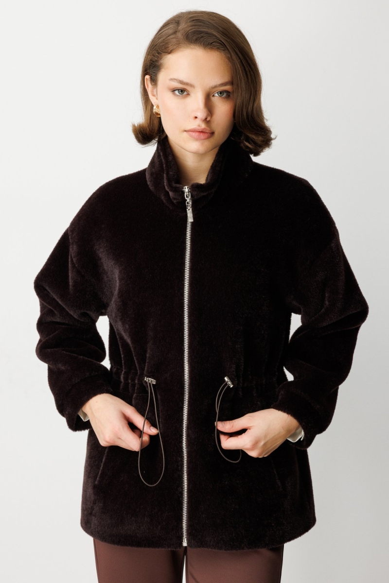 Ekol Kadın Dik Yaka Peluş Mont 6103 Kahverengi Kahverengi