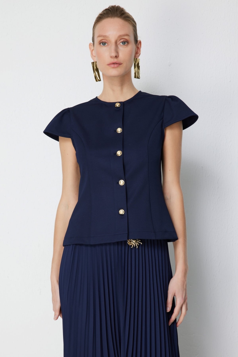 Ekol Kadın Dikiş Detaylı Kısa Kollu Ceket 1060 Lacivert Lacivert