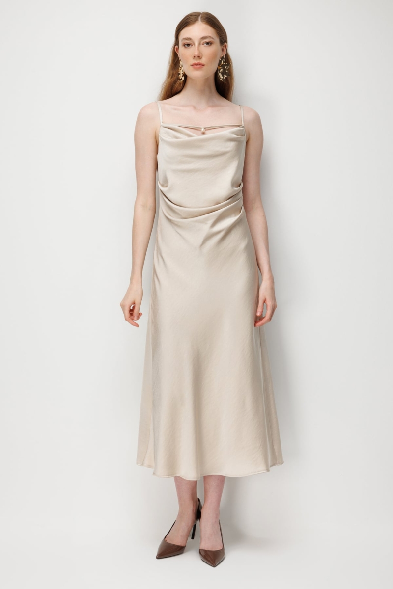 Ekol Kadın Drape Detaylı Askılı Maxi Elbise 6148 Gold GOLD