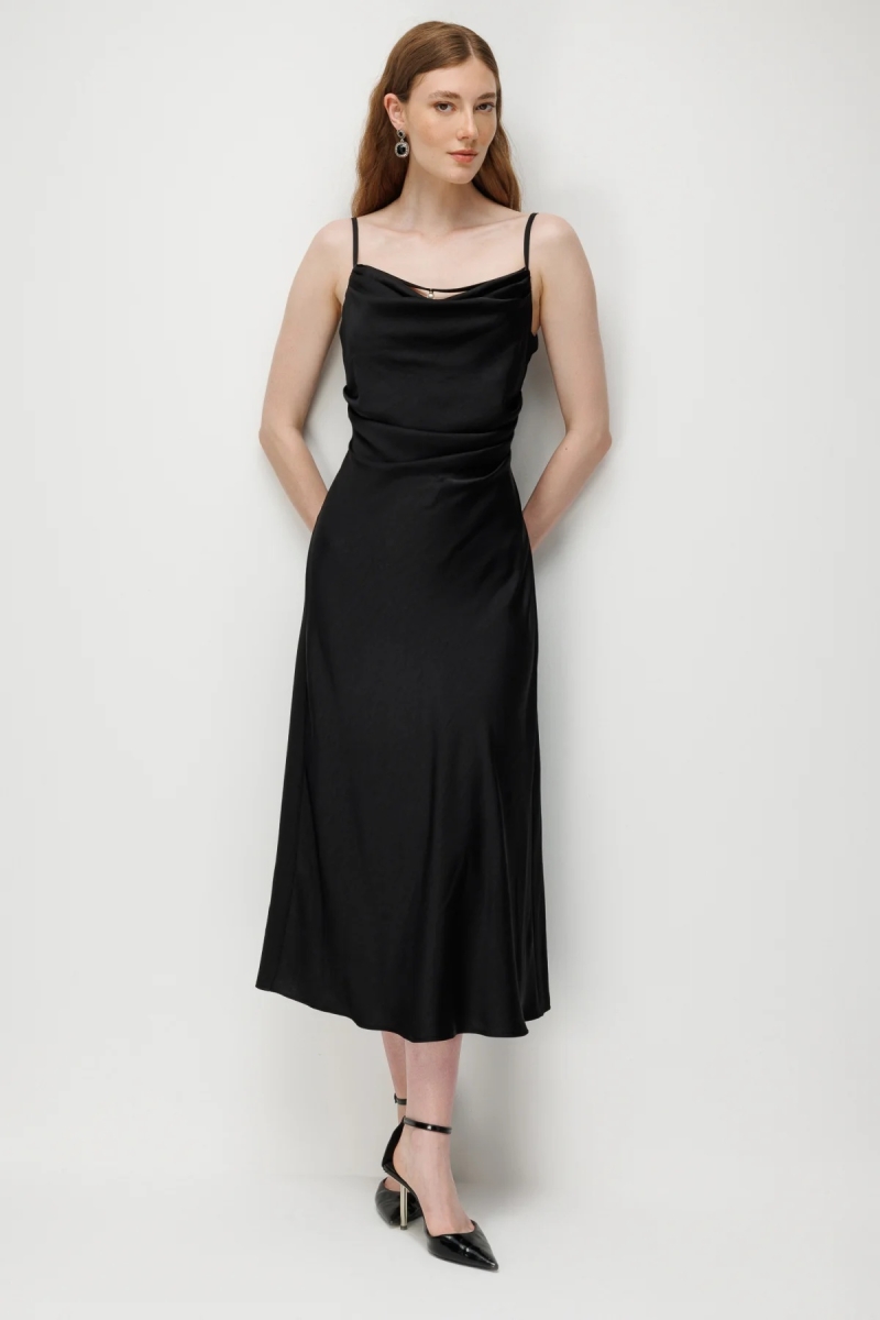 Ekol Kadın Drape Detaylı Askılı Maxi Elbise 6148 Siyah Siyah