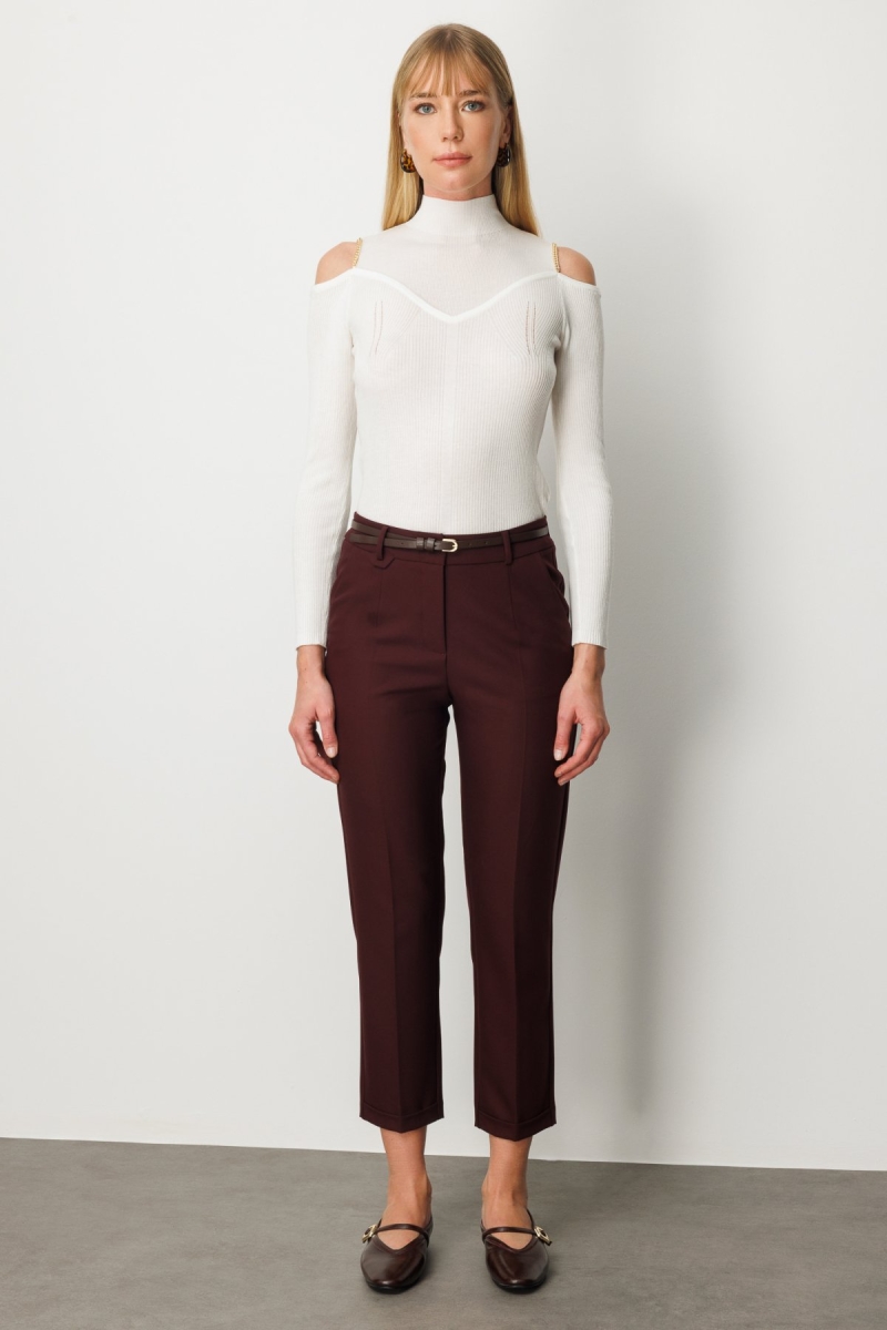 Ekol Kadın Duble Paça Kemerli Pantolon 1003 Bordo Bordo