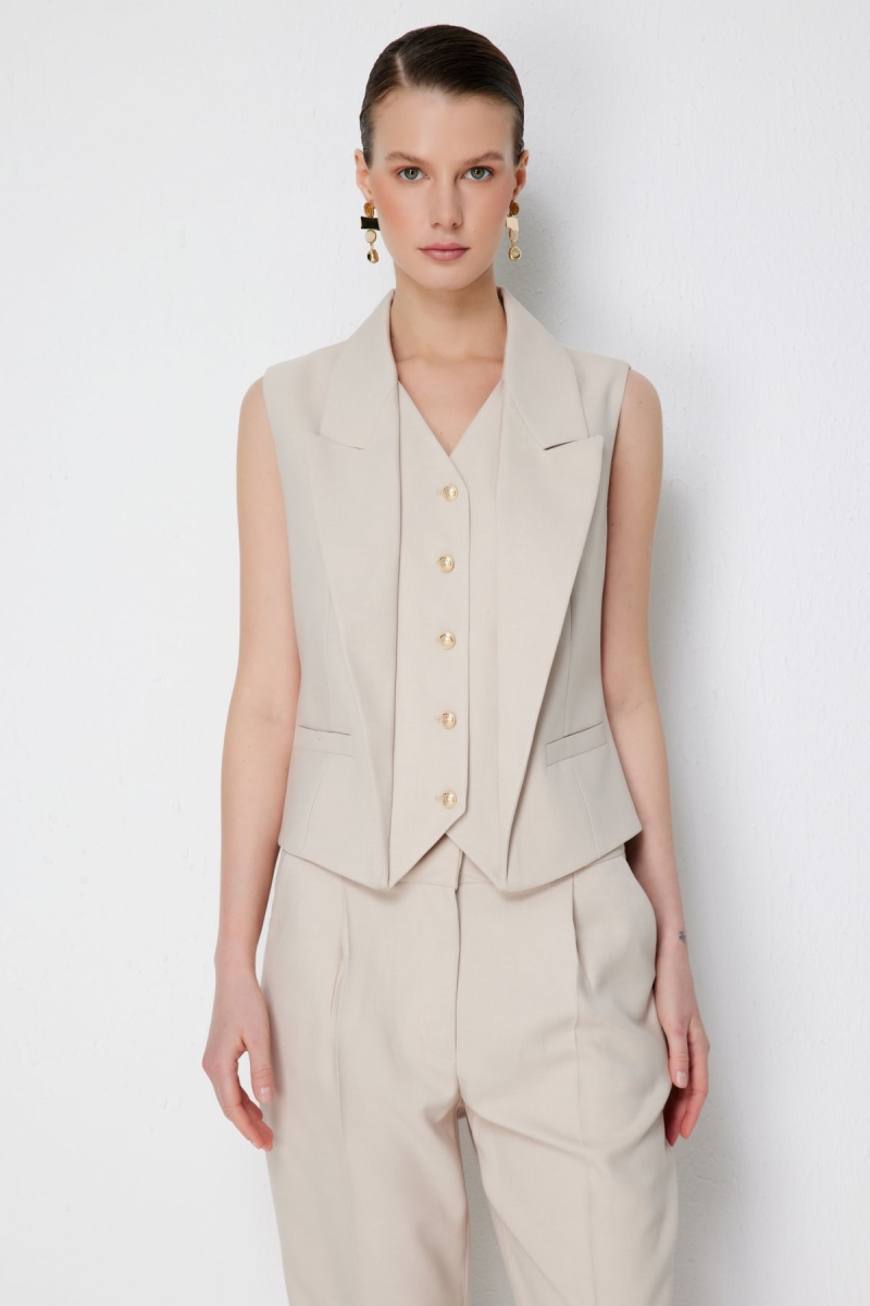 Ekol Kadın Düğmeli V Yaka Yelek 1188 Kum Kum