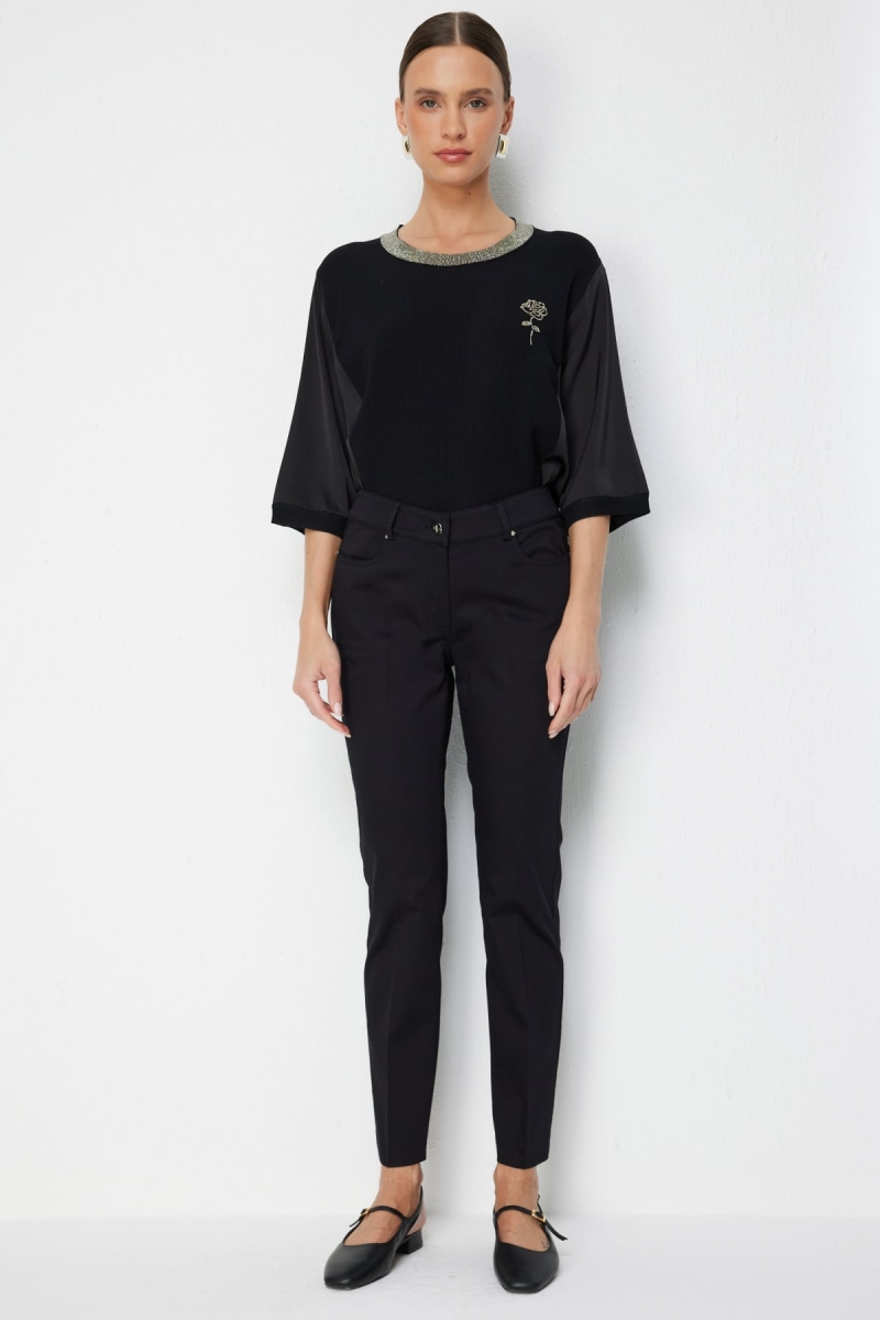 Ekol Kadın Düşük Belli Dar Paça Pamuklu Pantolon 4014 Siyah Siyah