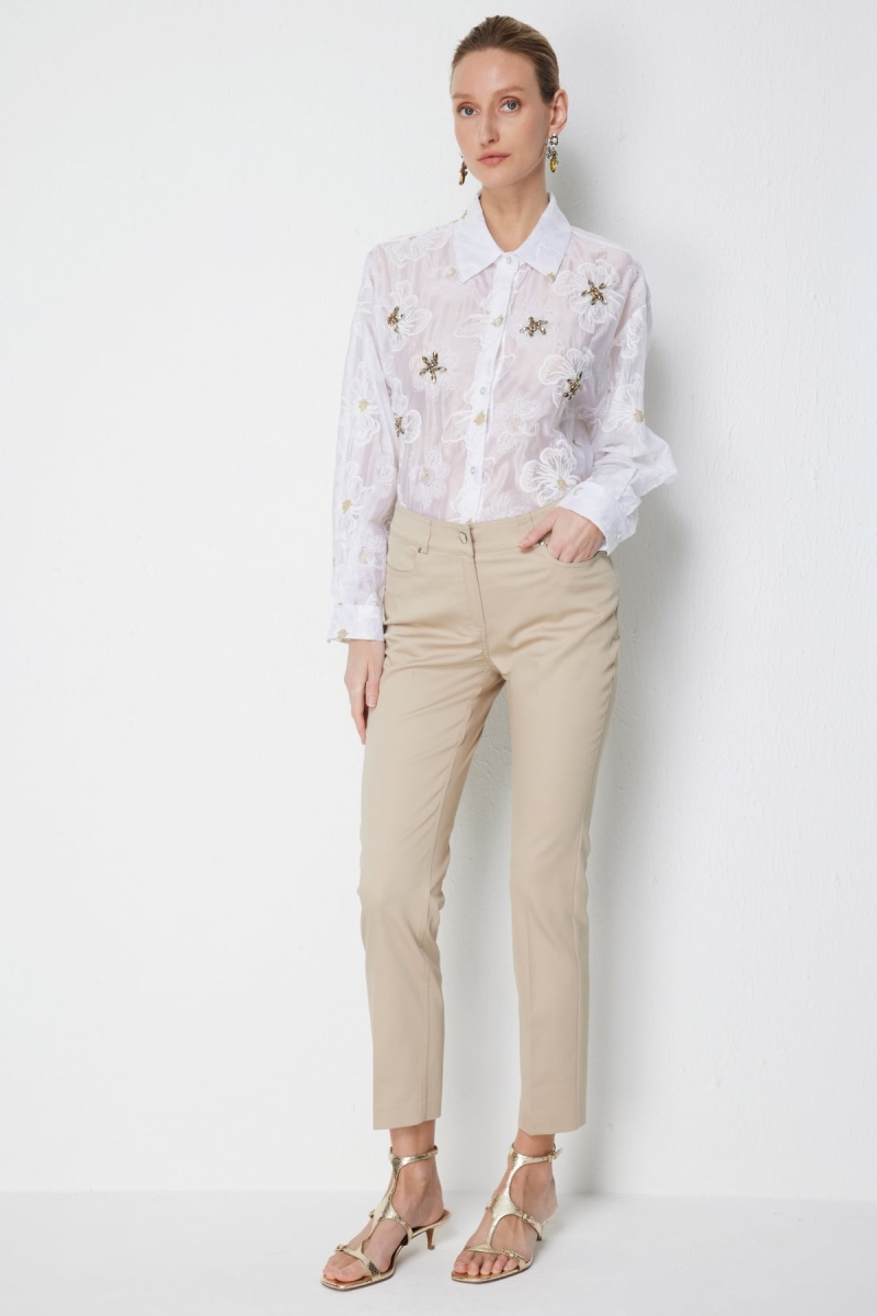 Ekol Kadın Düşük Belli Dar Paça Pamuklu Pantolon 4014 Taş Taş