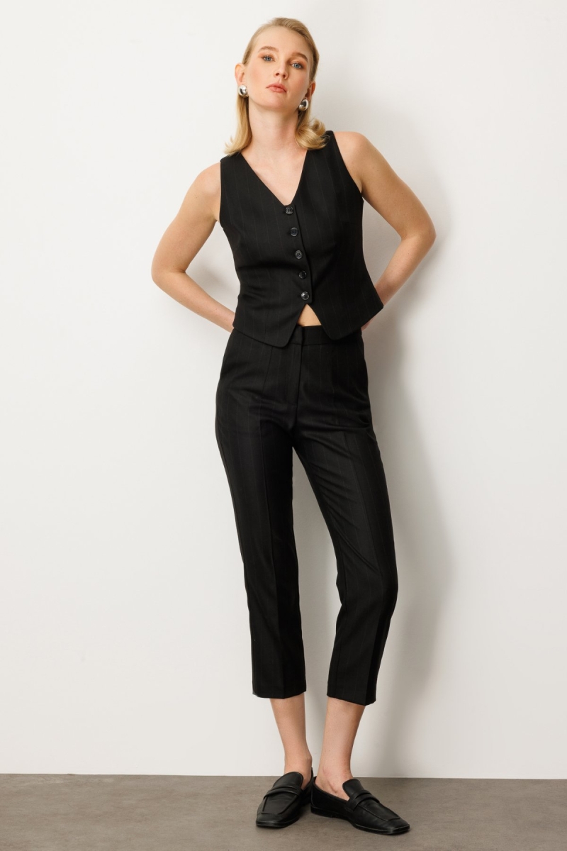 Ekol Kadın Düz Kesim Çizgili Pantolon 5125 Siyah Siyah