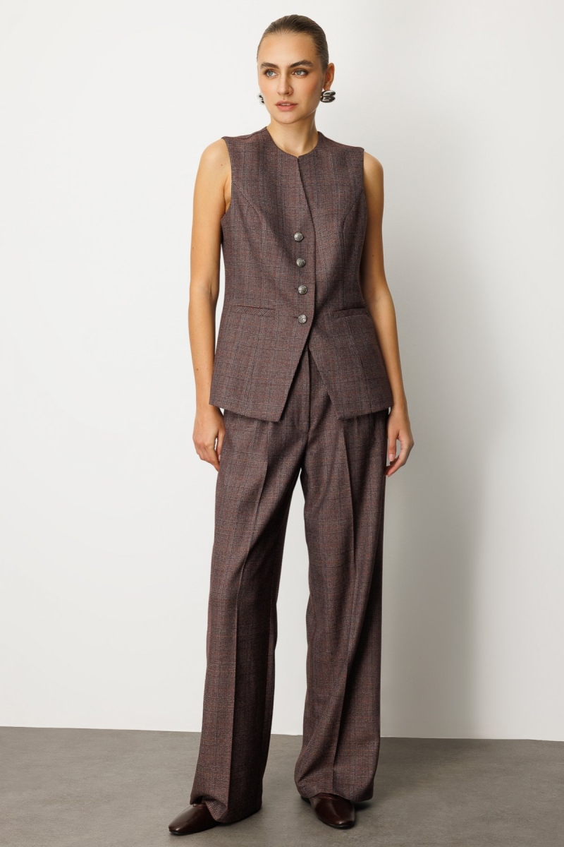 Ekol Kadın Ekoseli Bol Paça Pantolon 5167 Bordo Bordo