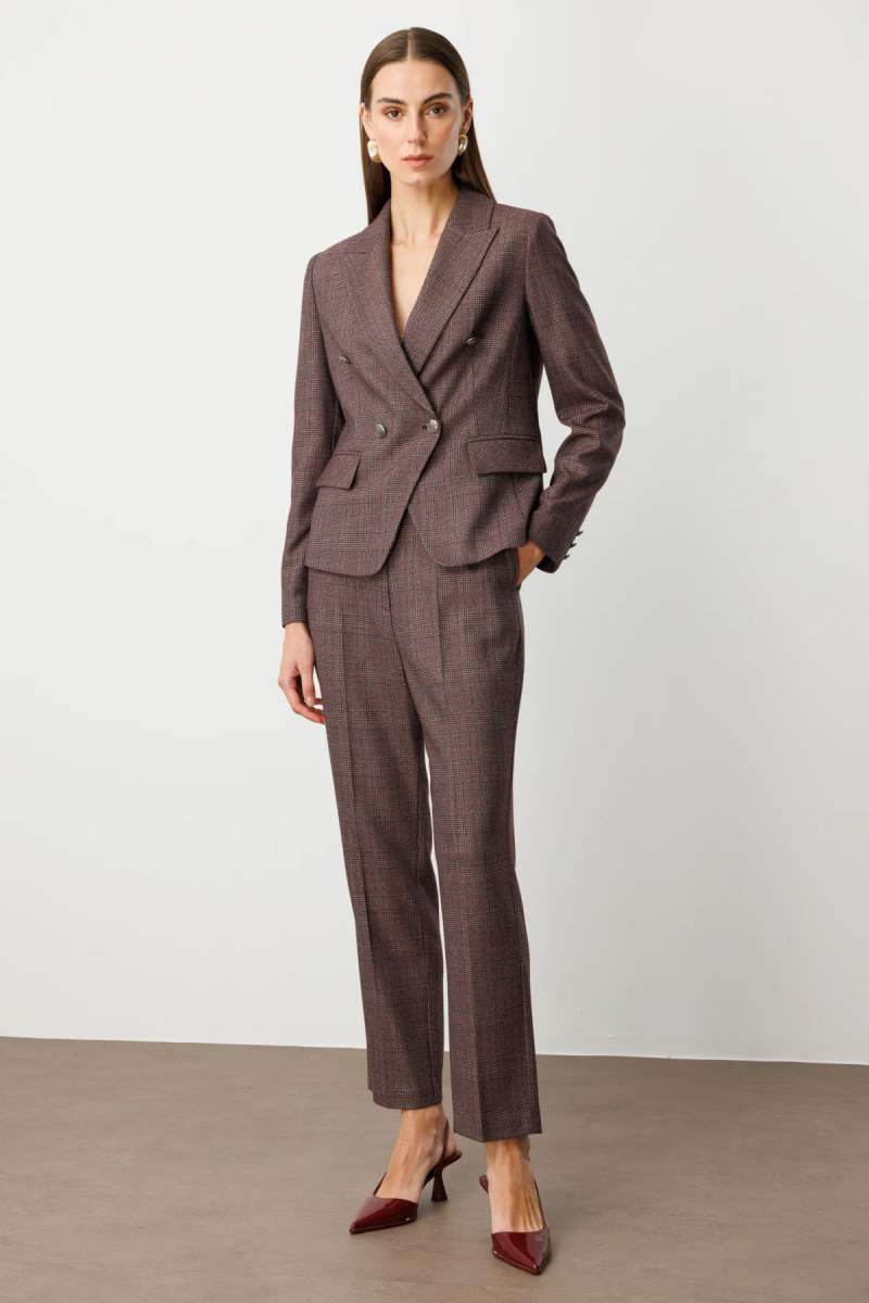 Ekol Kadın Ekoseli Boru Paça Pantolon 5163 Bordo Bordo