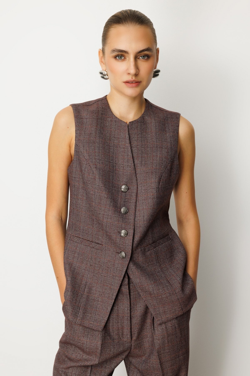 Ekol Kadın Ekoseli Fleto Cepli Yelek 5165 Bordo Bordo