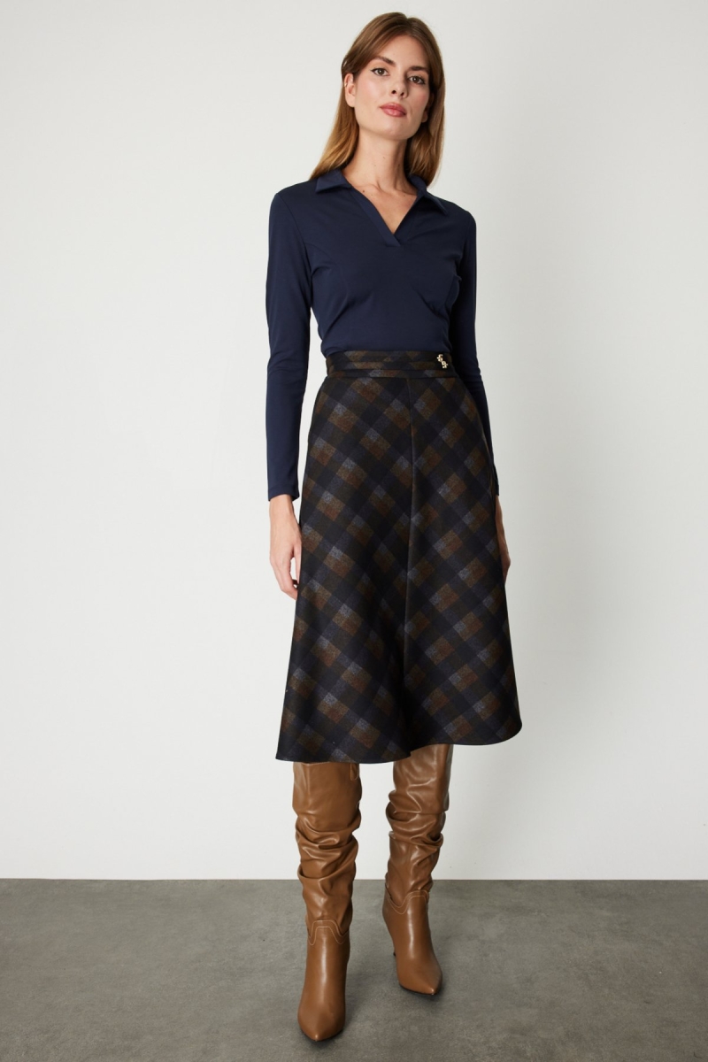 Ekol Kadın Ekoseli Midi Etek 2041 Kahverengi Kahverengi