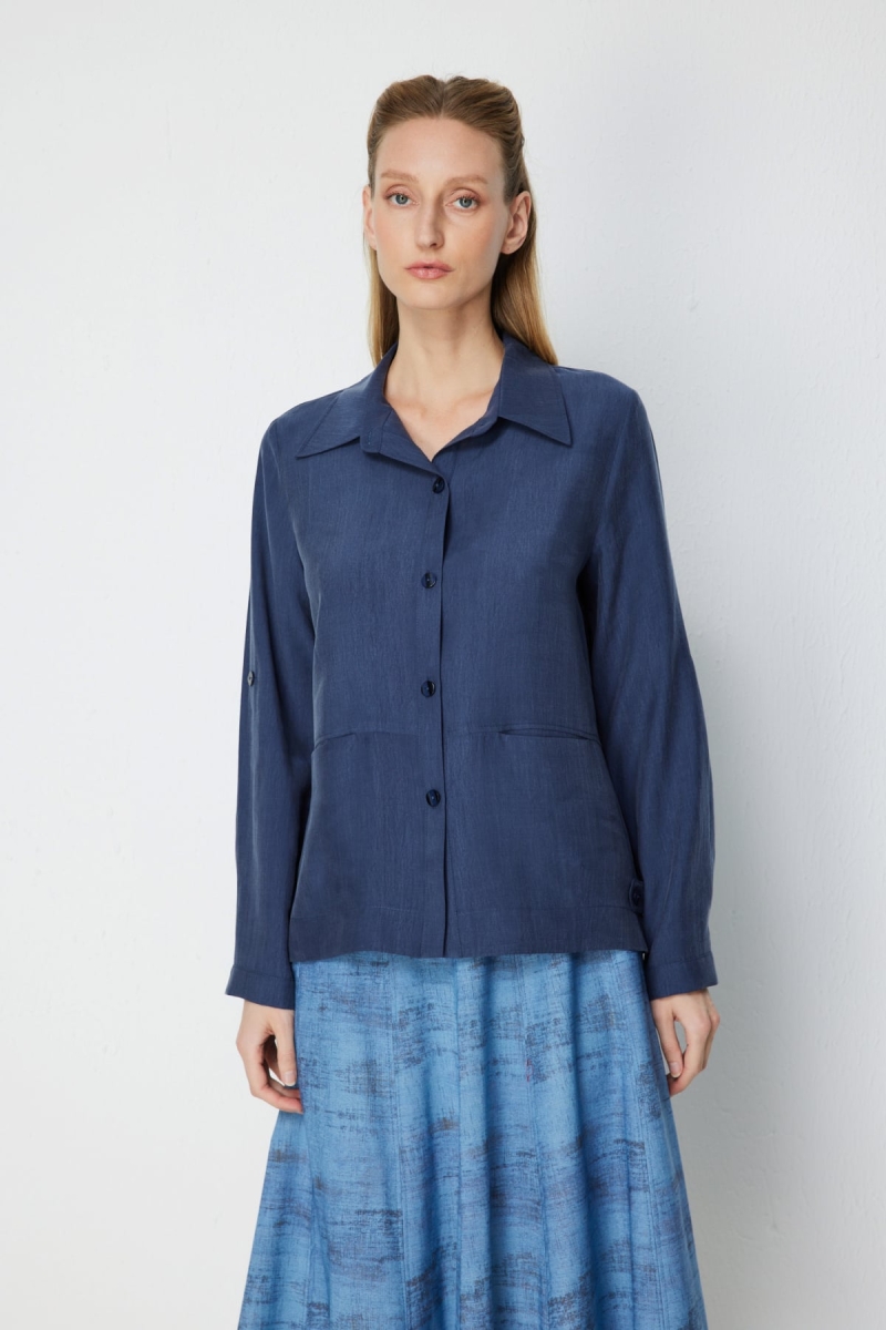 Ekol Kadın Fleto Cepli Polo Yaka Gömlek 7102 Lacivert Lacivert