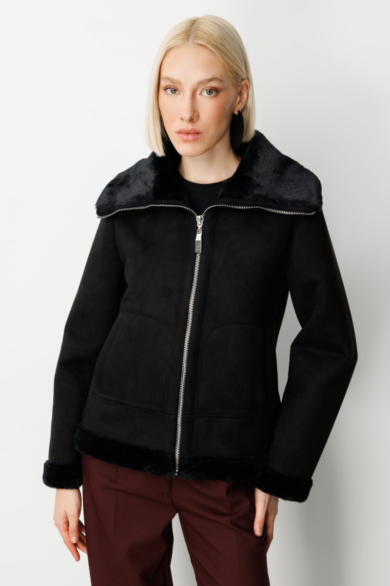 Ekol Kadın İçi Peluşlu Güderi Mont 8005 Siyah Siyah