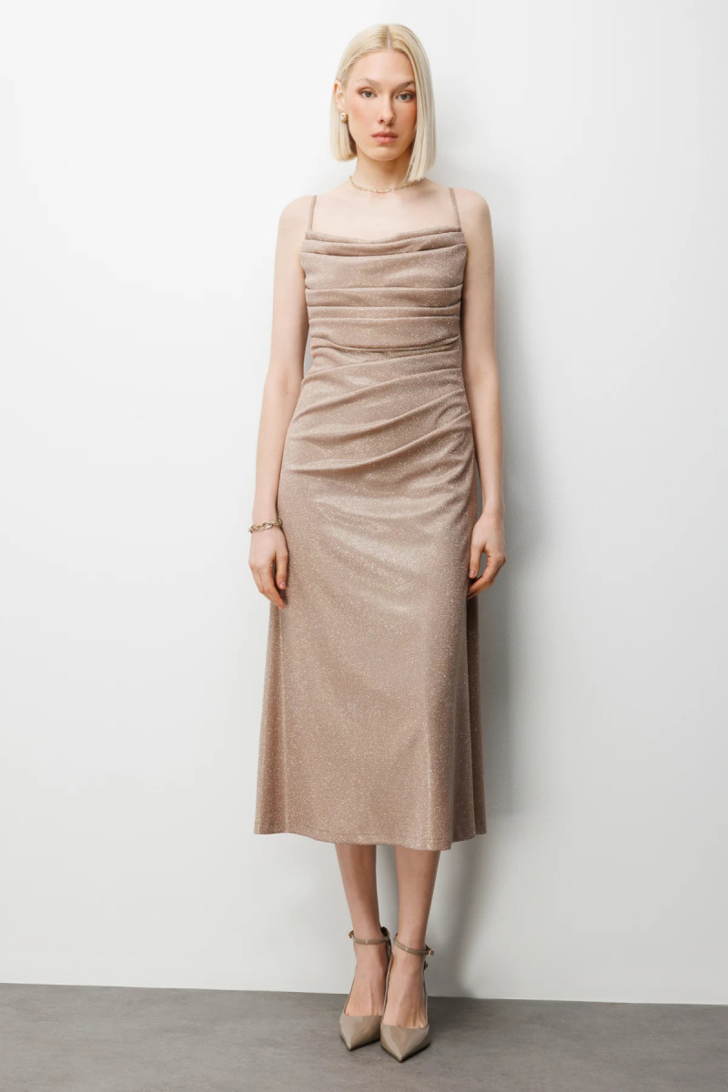 Ekol Kadın İp Askılı Simli Yansımalı Abiye Elbise 6062 Gold GOLD