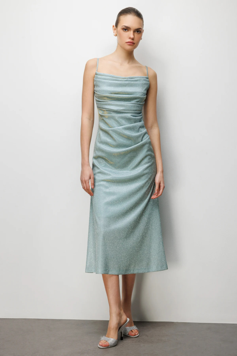 Ekol Kadın İp Askılı Simli Yansımalı Abiye Elbise 6062 Mint Mint