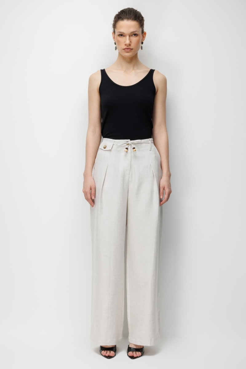 Ekol Kadın İp Kemerli Bol Paça Kumaş Pantolon 2426 Naturel NATUREL