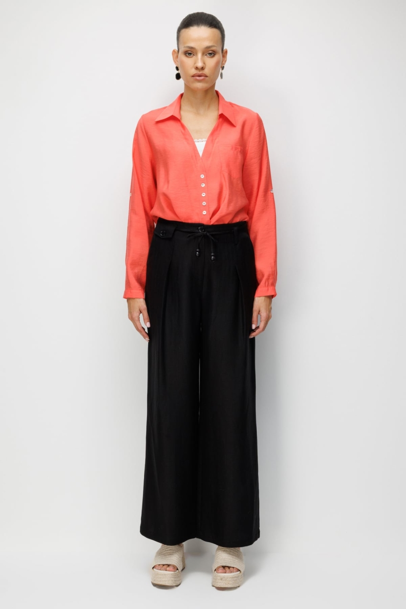 Ekol Kadın İp Kemerli Bol Paça Kumaş Pantolon 2426 Siyah Siyah