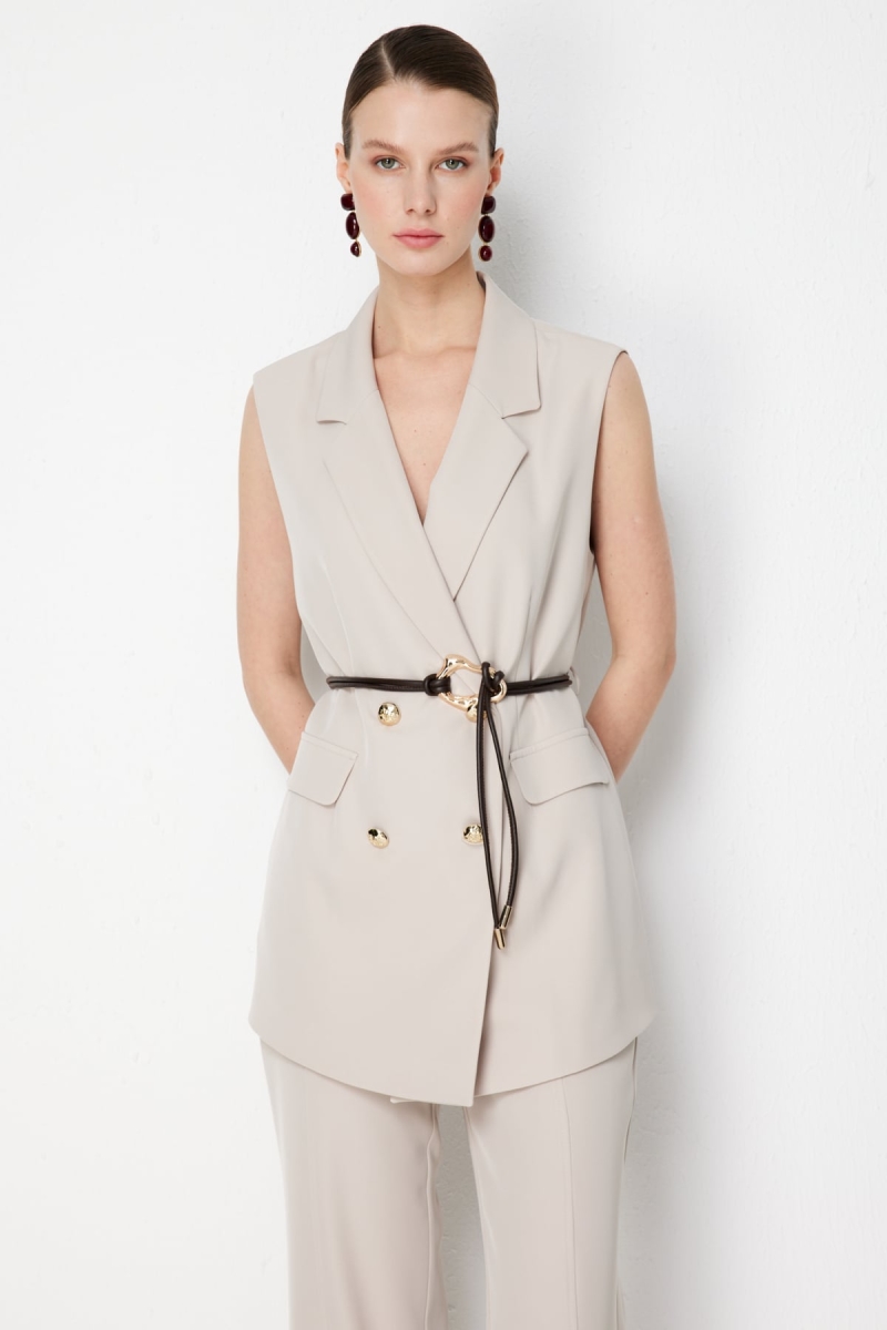 Ekol Kadın İp Kemerli Kruvaze Yelek 1124 Kum Kum