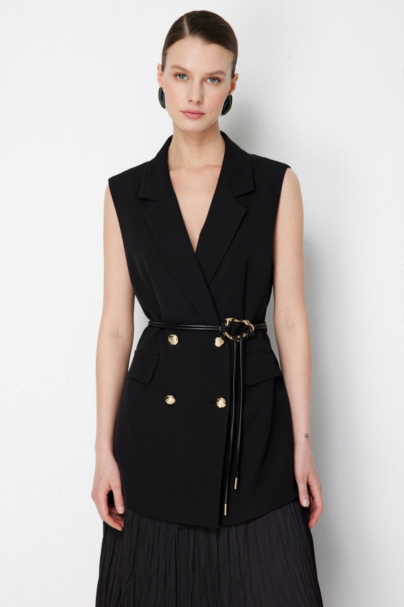 Ekol Kadın İp Kemerli Kruvaze Yelek 1124 Siyah Siyah