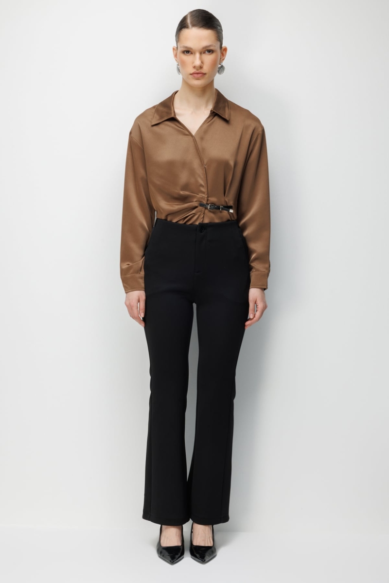 Ekol Kadın İspanyol Paça Beli Lastikli Pantolon 4930 Siyah Siyah