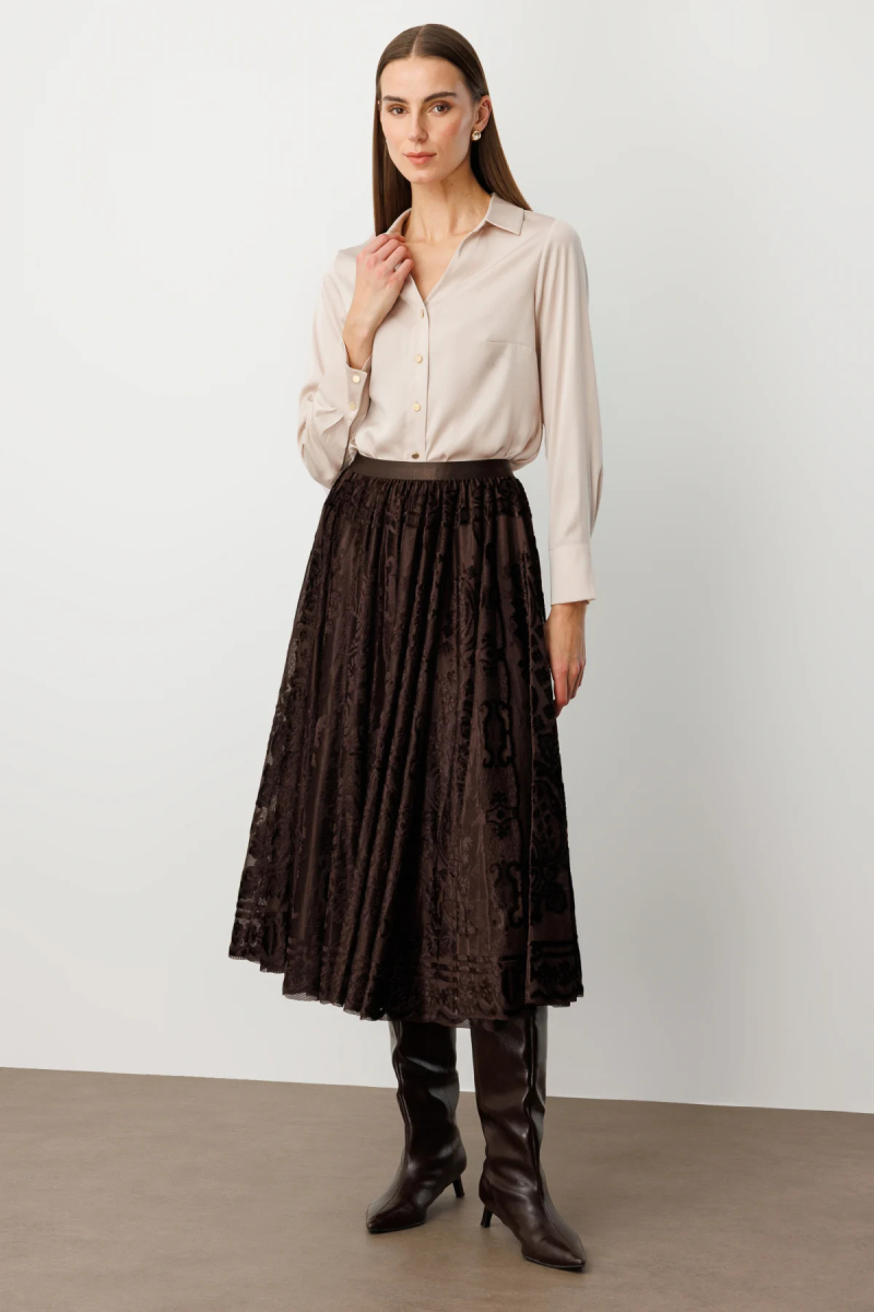 Ekol Kadın Kadife Geçişli Maxi Etek 2417 Kahverengi Kahverengi